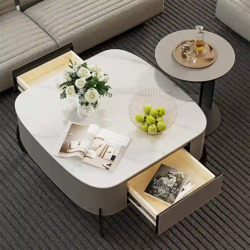 Table basse en pierre frittée grise et orange avec tiroirs – Carrée / Ronde