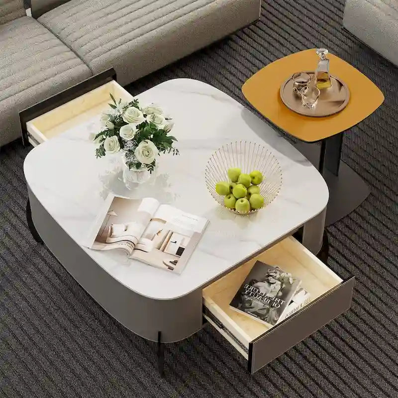 Table basse en pierre frittée grise et orange avec tiroirs – Carrée / Ronde