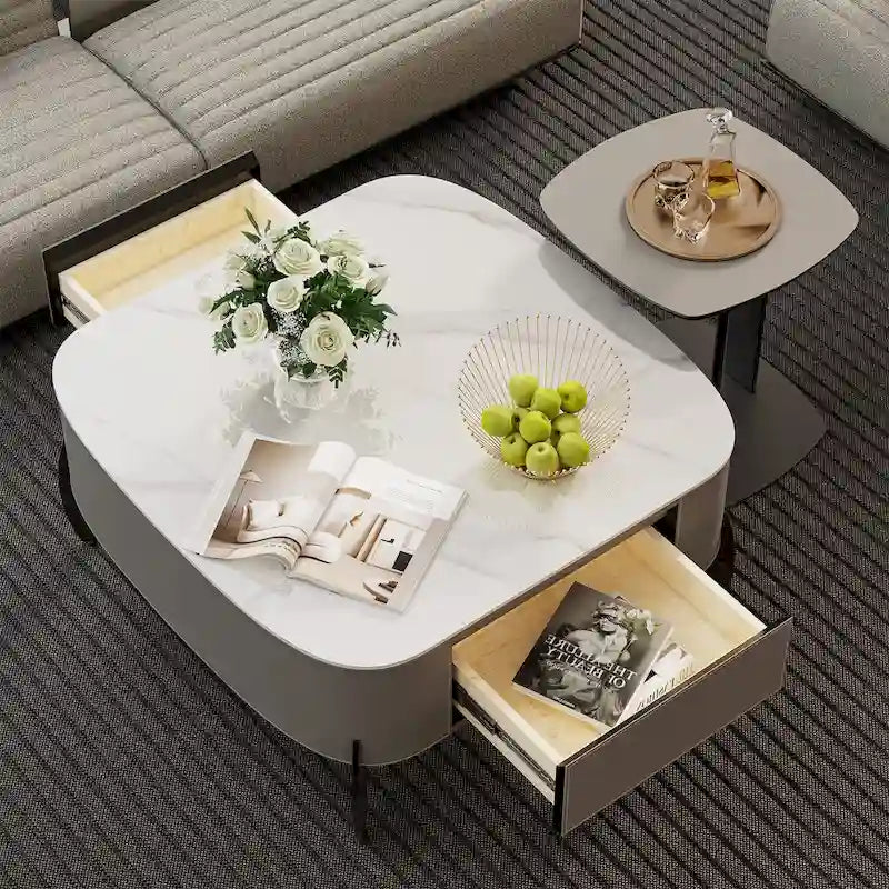 Table basse en pierre frittée grise et orange avec tiroirs – Carrée / Ronde