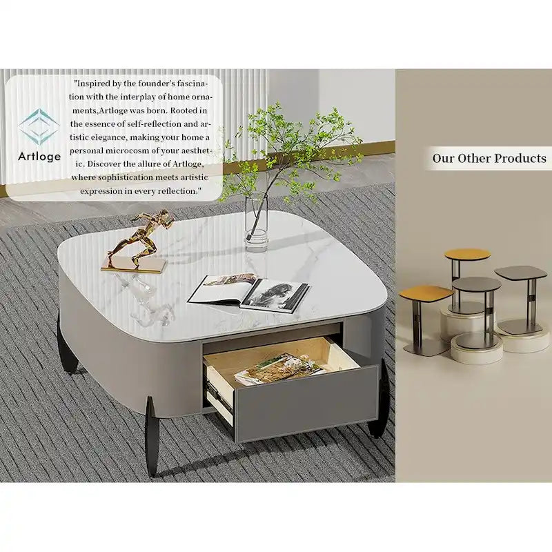Table basse en pierre frittée grise et orange avec tiroirs – Carrée / Ronde