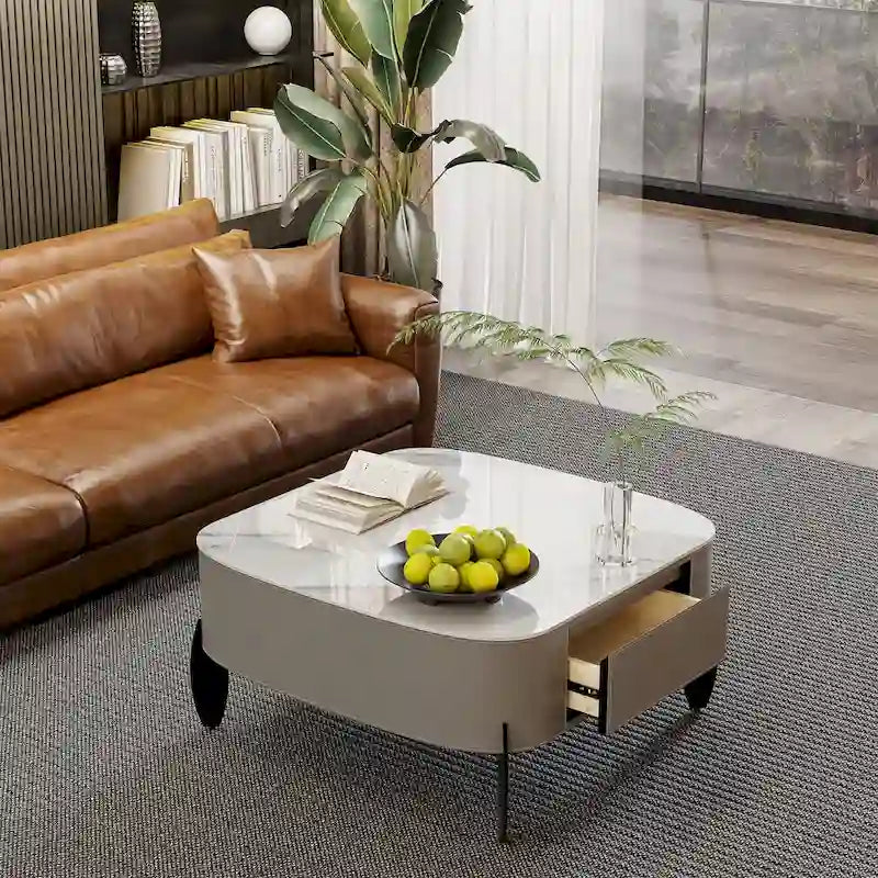 Table basse en pierre frittée grise et orange avec tiroirs – Carrée / Ronde