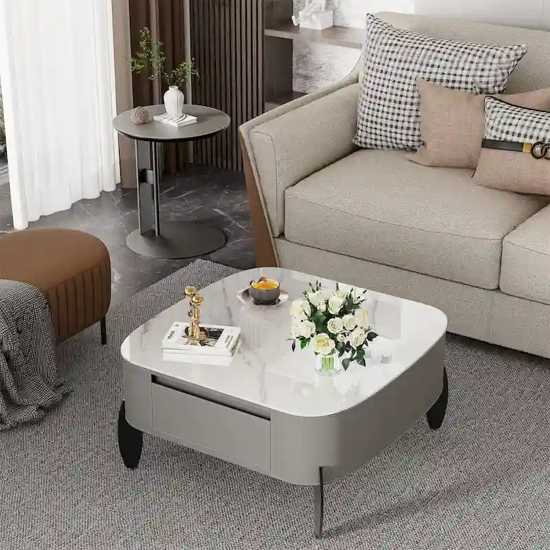 Table basse en pierre frittée grise et orange avec tiroirs – Carrée / Ronde