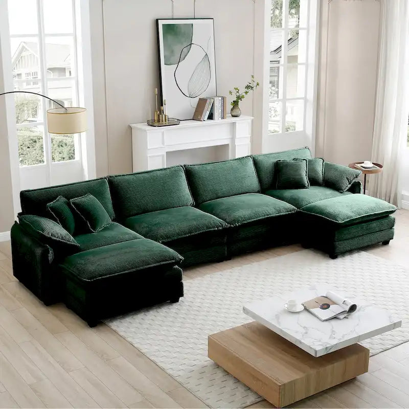Canapé modulaire sectionnel en velours côtelé Vert/Beige/Havane/Gris en U, 6 pièces avec 2 poufs, 4 à 6 places