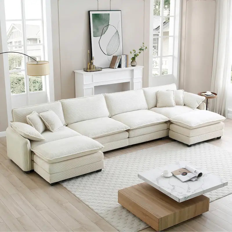 Canapé modulaire sectionnel en velours côtelé Vert/Beige/Havane/Gris en U, 6 pièces avec 2 poufs, 4 à 6 places