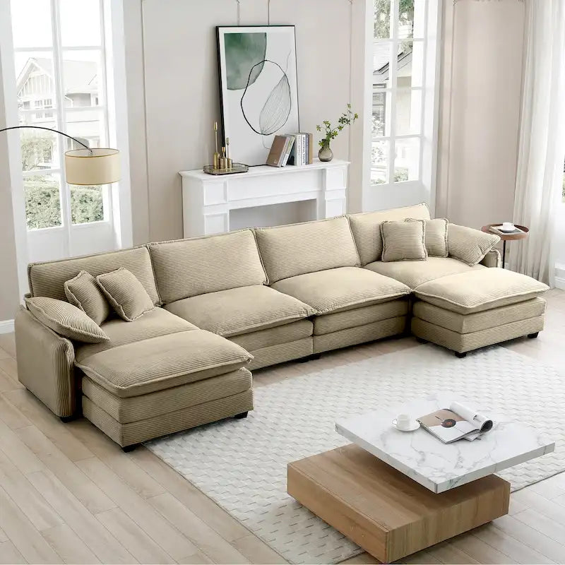 Canapé modulaire sectionnel en velours côtelé Vert/Beige/Havane/Gris en U, 6 pièces avec 2 poufs, 4 à 6 places
