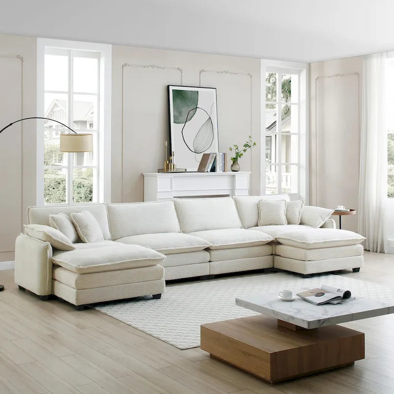 Canapé modulaire sectionnel en velours côtelé Vert/Beige/Havane/Gris en U, 6 pièces avec 2 poufs, 4 à 6 places