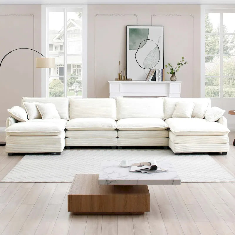 Canapé modulaire sectionnel en velours côtelé Vert/Beige/Havane/Gris en U, 6 pièces avec 2 poufs, 4 à 6 places