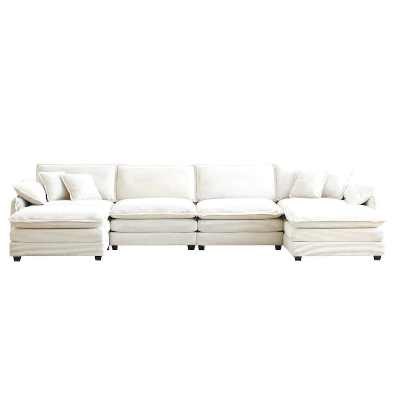 Canapé modulaire sectionnel en velours côtelé Vert/Beige/Havane/Gris en U, 6 pièces avec 2 poufs, 4 à 6 places