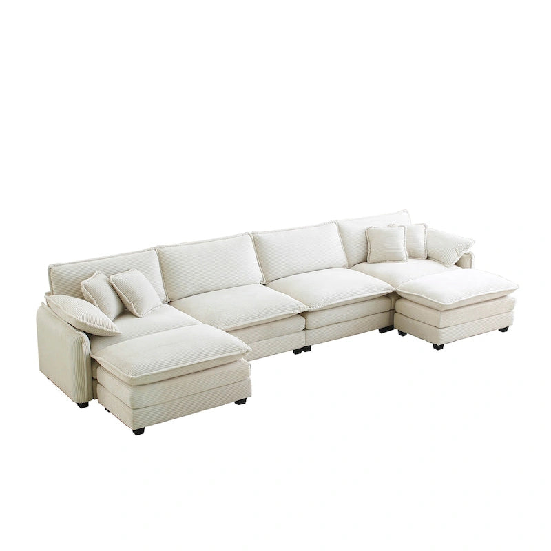 Canapé modulaire sectionnel en velours côtelé Vert/Beige/Havane/Gris en U, 6 pièces avec 2 poufs, 4 à 6 places