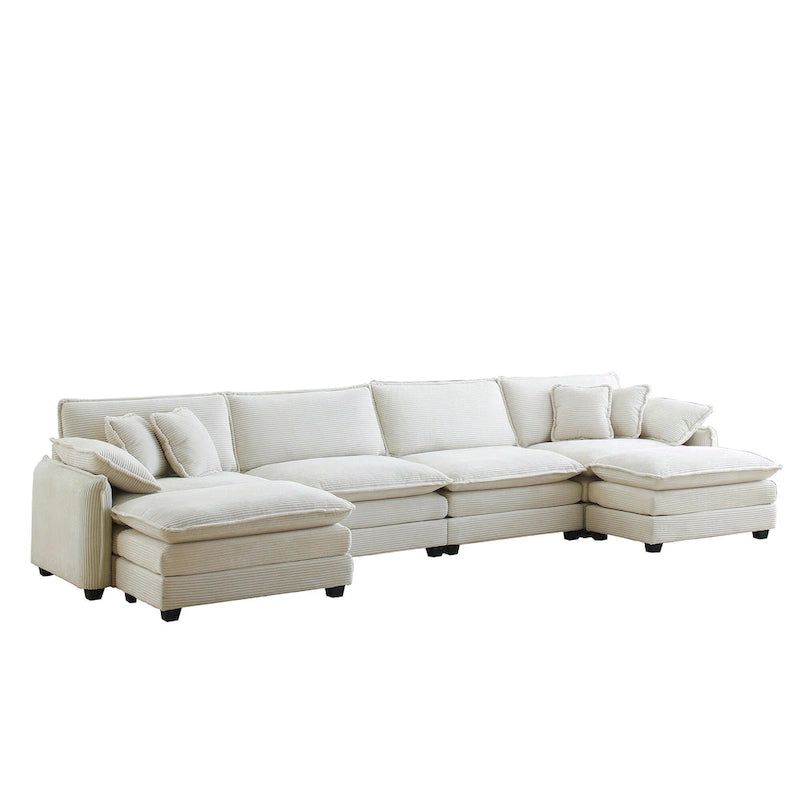 Canapé modulaire sectionnel en velours côtelé Vert/Beige/Havane/Gris en U, 6 pièces avec 2 poufs, 4 à 6 places