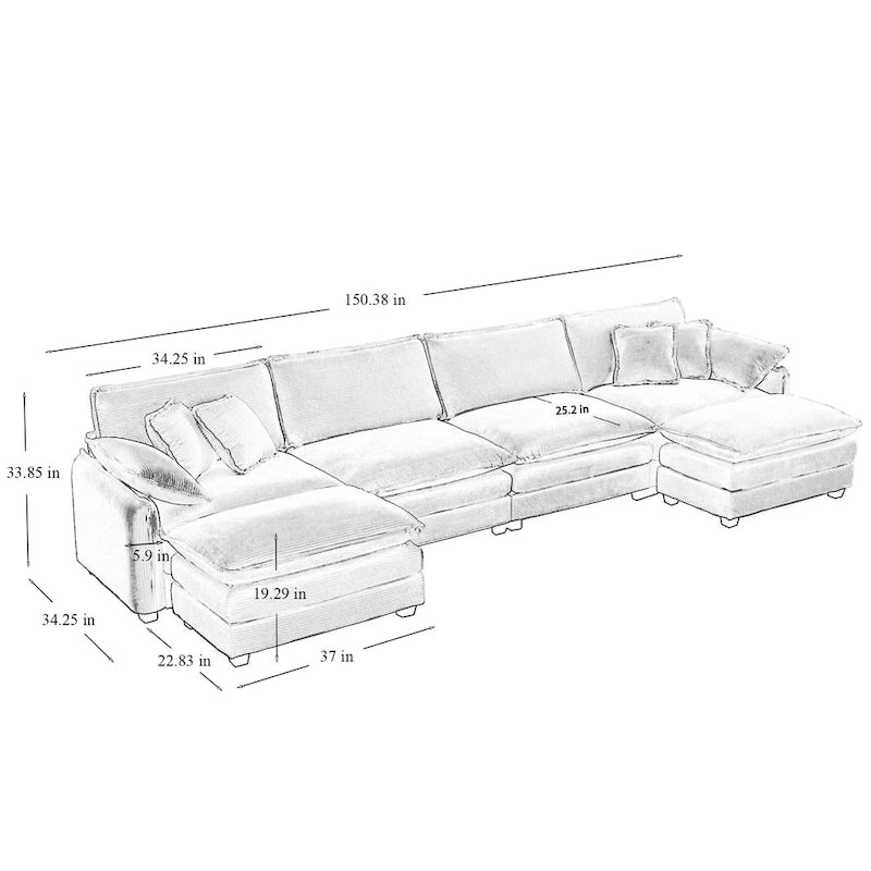 Canapé modulaire sectionnel en velours côtelé Vert/Beige/Havane/Gris en U, 6 pièces avec 2 poufs, 4 à 6 places
