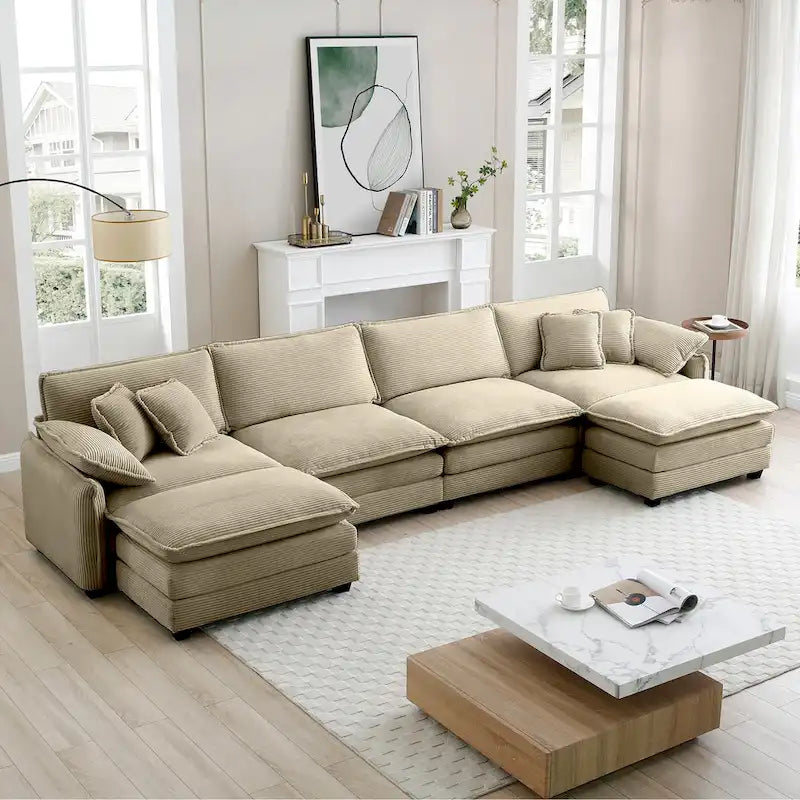Canapé modulaire sectionnel en velours côtelé Vert/Beige/Havane/Gris en U, 6 pièces avec 2 poufs, 4 à 6 places