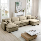 Canapé modulaire sectionnel en velours côtelé Vert/Beige/Havane/Gris en U, 6 pièces avec 2 poufs, 4 à 6 places