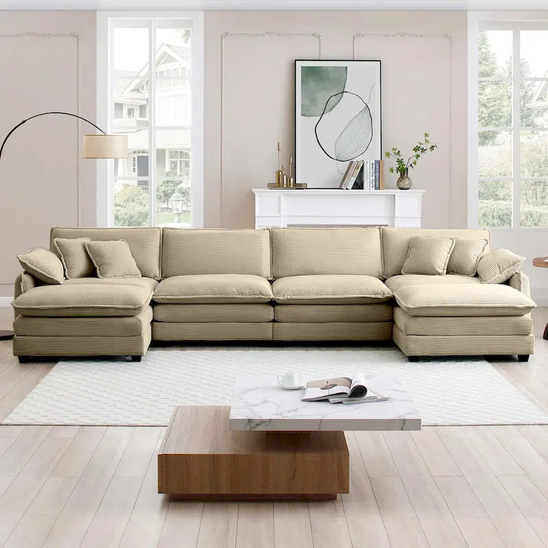 Canapé modulaire sectionnel en velours côtelé Vert/Beige/Havane/Gris en U, 6 pièces avec 2 poufs, 4 à 6 places