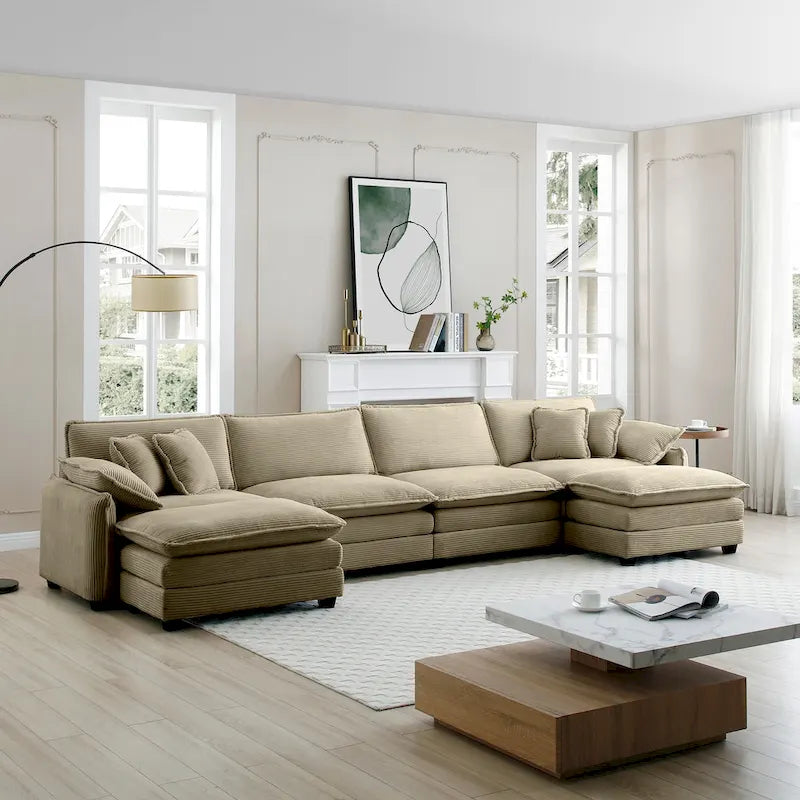 Canapé modulaire sectionnel en velours côtelé Vert/Beige/Havane/Gris en U, 6 pièces avec 2 poufs, 4 à 6 places