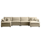 Canapé modulaire sectionnel en velours côtelé Vert/Beige/Havane/Gris en U, 6 pièces avec 2 poufs, 4 à 6 places