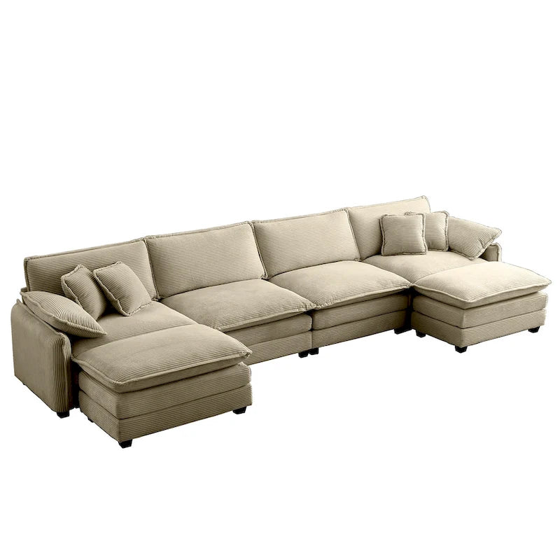 Canapé modulaire sectionnel en velours côtelé Vert/Beige/Havane/Gris en U, 6 pièces avec 2 poufs, 4 à 6 places