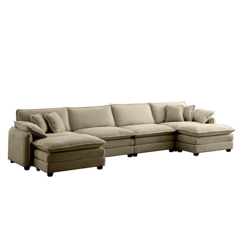 Canapé modulaire sectionnel en velours côtelé Vert/Beige/Havane/Gris en U, 6 pièces avec 2 poufs, 4 à 6 places
