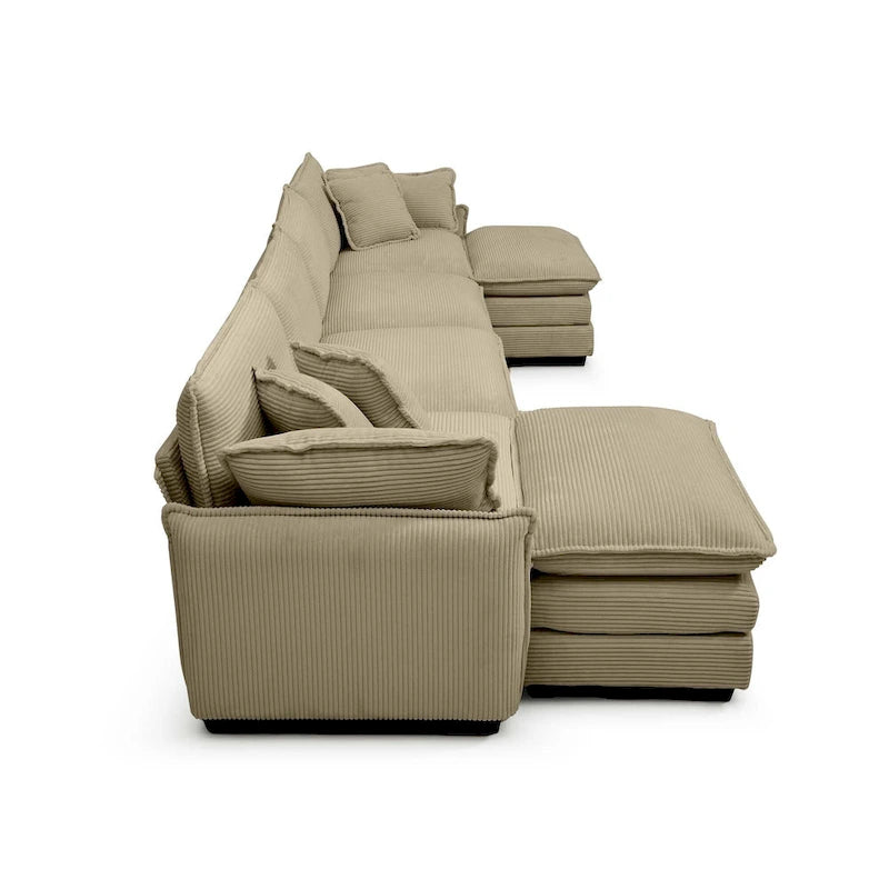 Canapé modulaire sectionnel en velours côtelé Vert/Beige/Havane/Gris en U, 6 pièces avec 2 poufs, 4 à 6 places