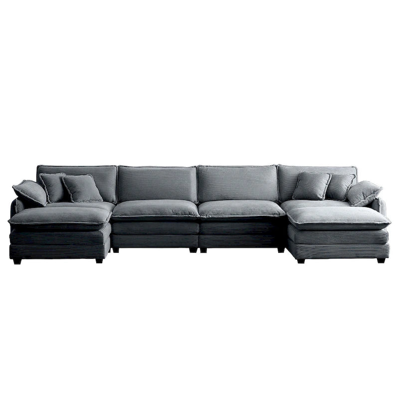 Canapé modulaire sectionnel en velours côtelé Vert/Beige/Havane/Gris en U, 6 pièces avec 2 poufs, 4 à 6 places