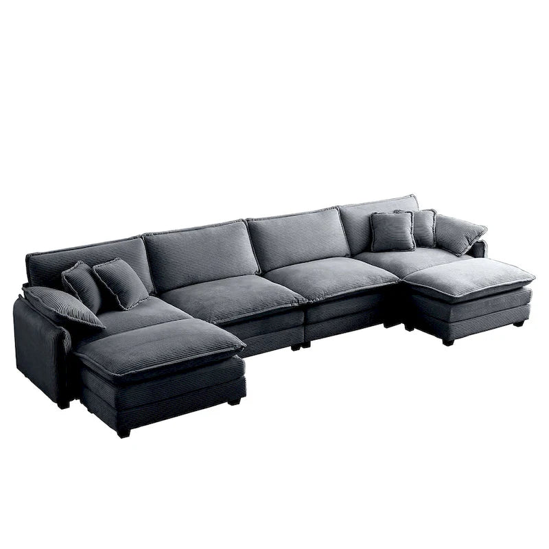 Canapé modulaire sectionnel en velours côtelé Vert/Beige/Havane/Gris en U, 6 pièces avec 2 poufs, 4 à 6 places