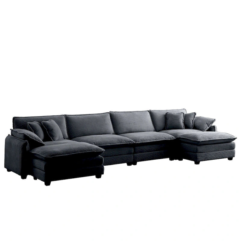 Canapé modulaire sectionnel en velours côtelé Vert/Beige/Havane/Gris en U, 6 pièces avec 2 poufs, 4 à 6 places