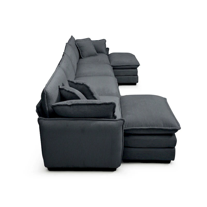 Canapé modulaire sectionnel en velours côtelé Vert/Beige/Havane/Gris en U, 6 pièces avec 2 poufs, 4 à 6 places
