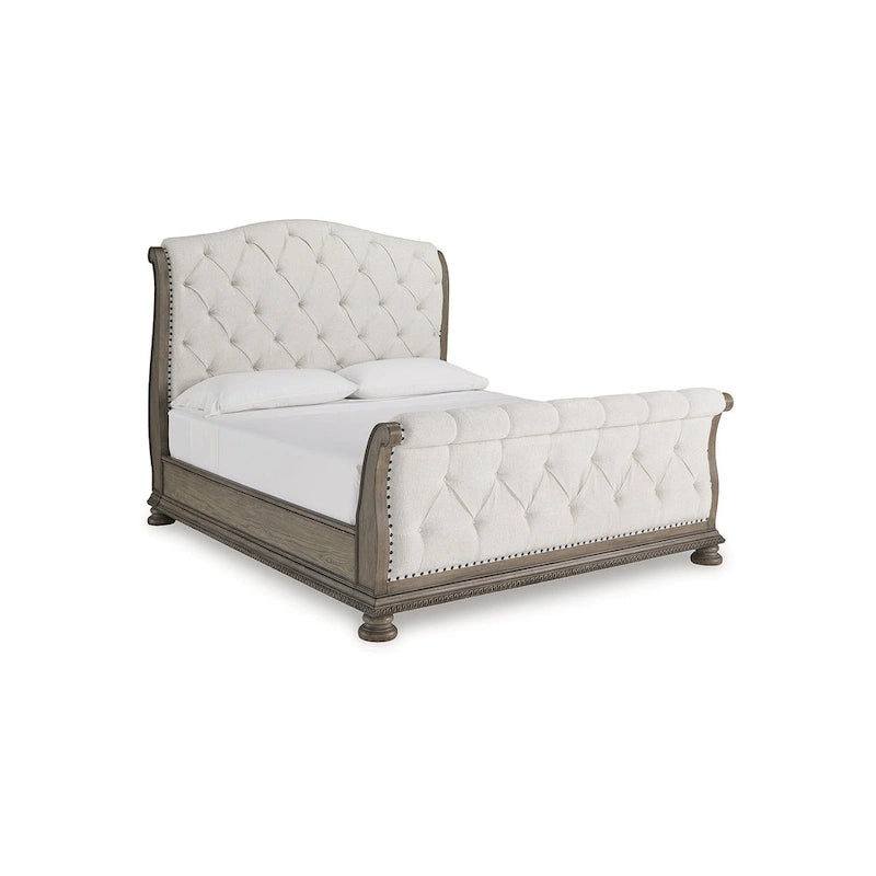 Lit traîneau tapissé beige clair, très grand lit/très grand lit californien, pour 2 personnes