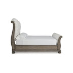 Lit traîneau tapissé beige clair, très grand lit/très grand lit californien, pour 2 personnes
