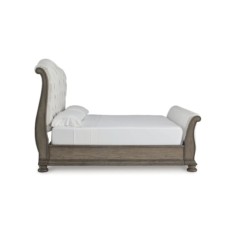 Lit traîneau tapissé beige clair, très grand lit/très grand lit californien, pour 2 personnes