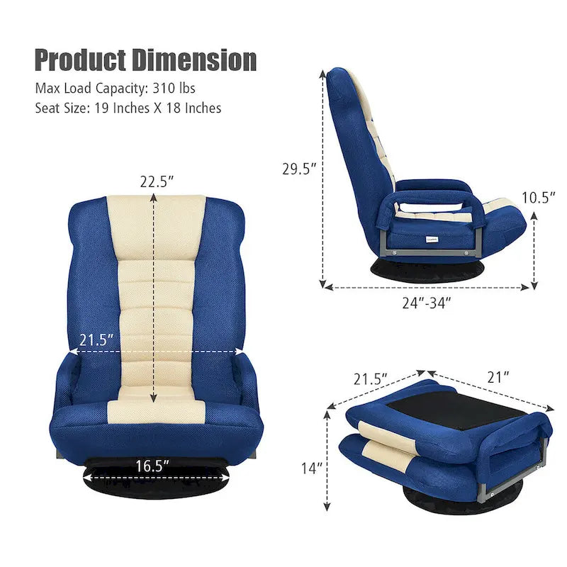 Chaise de jeu pliante au sol, marron / gris / rouge / bleue, pivotante à 360°, 1 personne