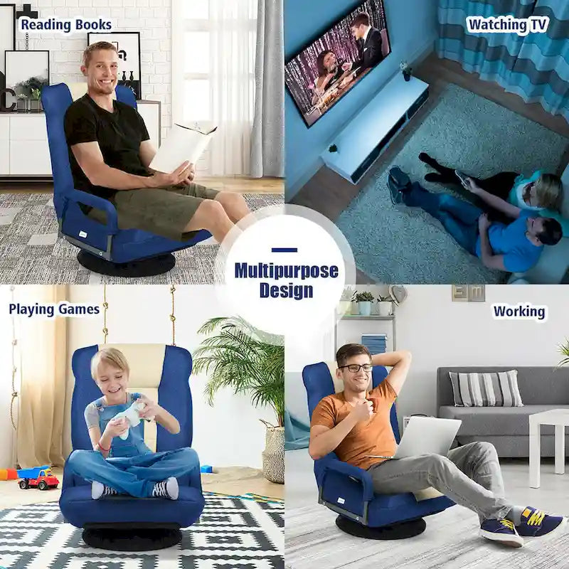 Chaise de jeu pliante au sol, marron / gris / rouge / bleue, pivotante à 360°, 1 personne