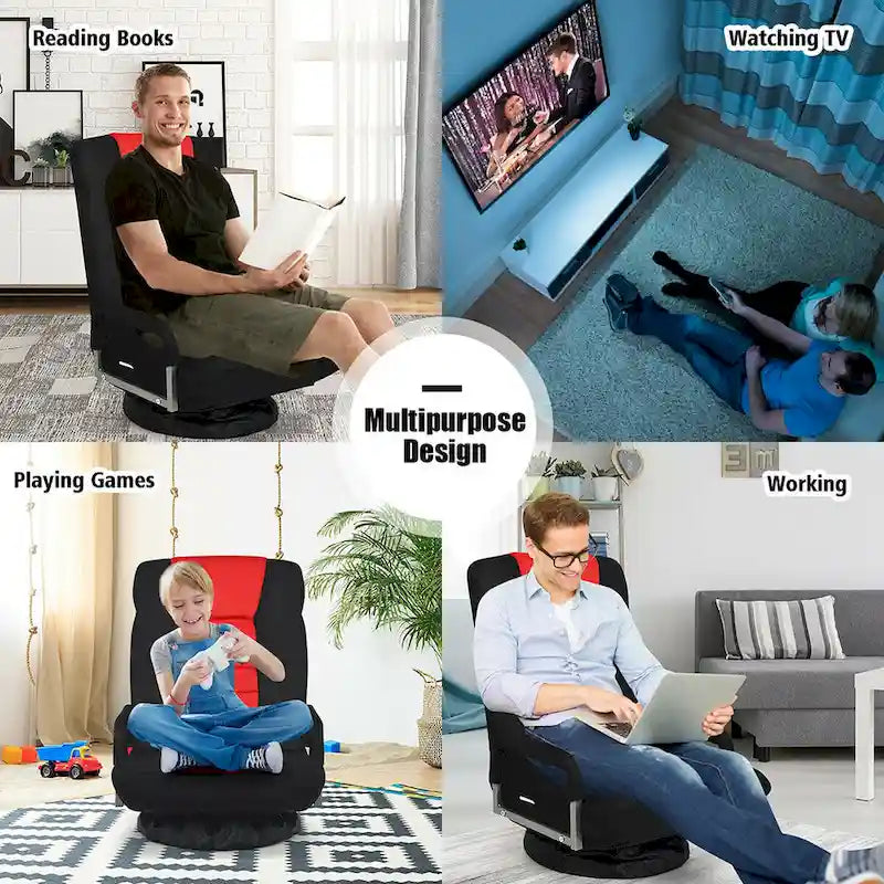 Chaise de jeu pliante au sol, marron / gris / rouge / bleue, pivotante à 360°, 1 personne