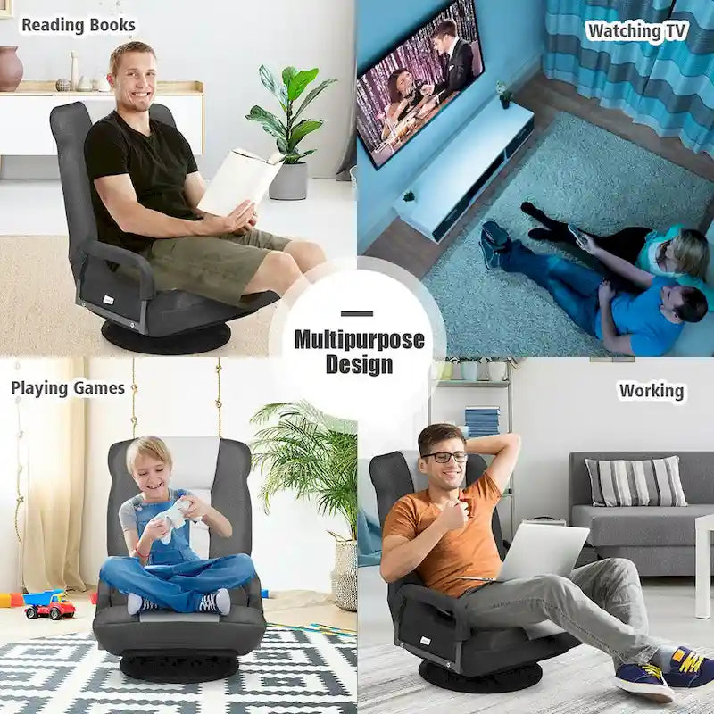 Chaise de jeu pliante au sol, marron / gris / rouge / bleue, pivotante à 360°, 1 personne
