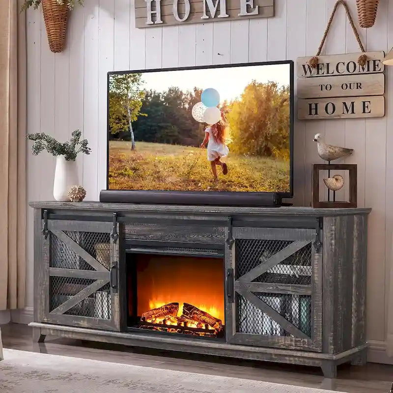 Meuble TV de ferme rustique avec cheminée électrique, porte coulissante de style grange, 4 couleurs, 1-2 personnes