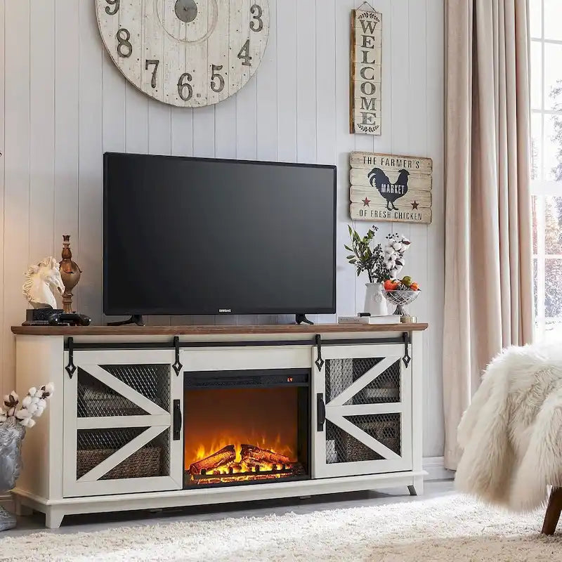 Meuble TV de ferme rustique avec cheminée électrique, porte coulissante de style grange, 4 couleurs, 1-2 personnes