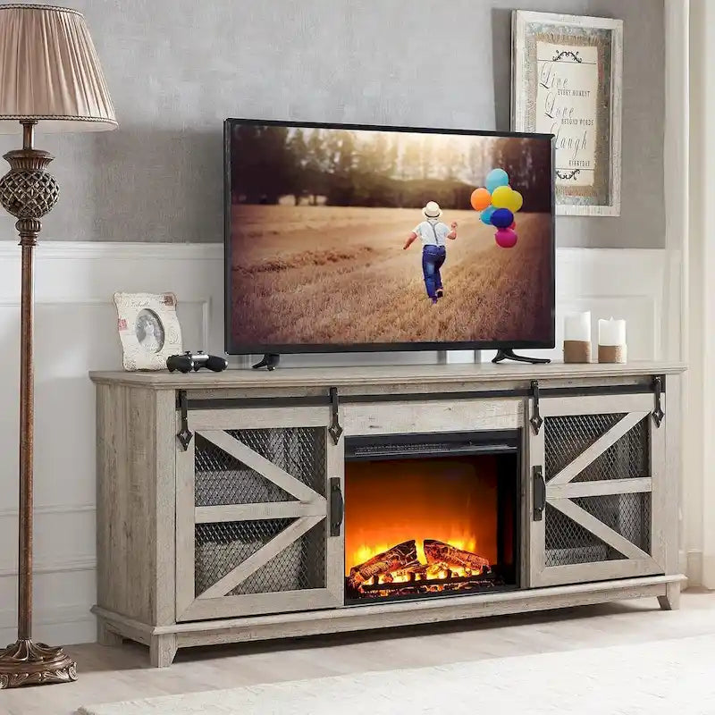 Meuble TV de ferme rustique avec cheminée électrique, porte coulissante de style grange, 4 couleurs, 1-2 personnes