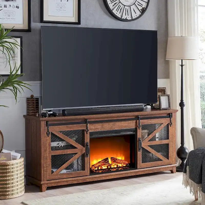 Meuble TV de ferme rustique avec cheminée électrique, porte coulissante de style grange, 4 couleurs, 1-2 personnes