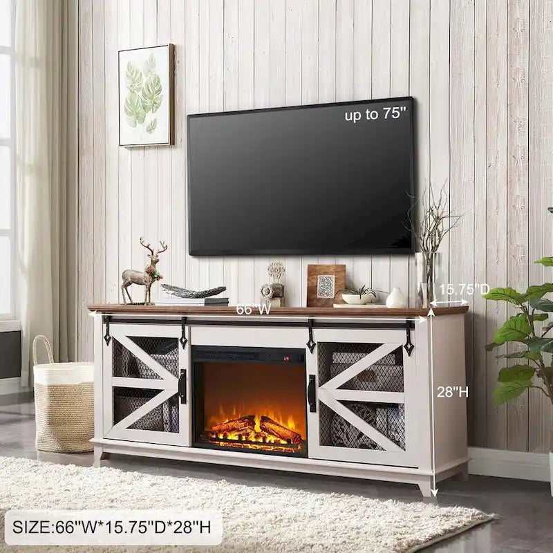 Meuble TV de ferme rustique avec cheminée électrique, porte coulissante de style grange, 4 couleurs, 1-2 personnes