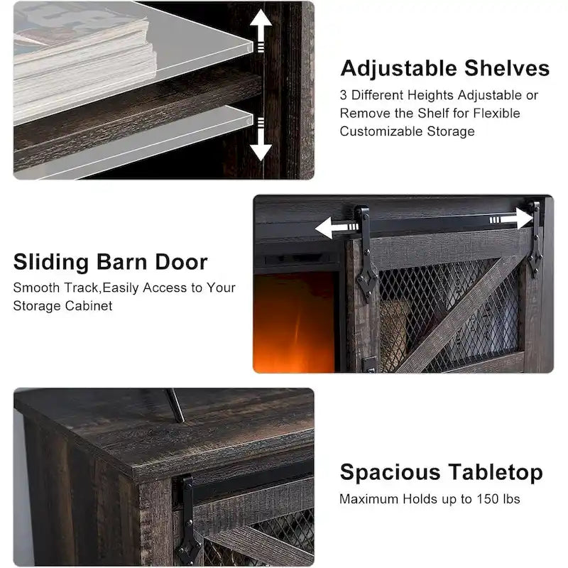 Meuble TV de ferme rustique avec cheminée électrique, porte coulissante de style grange, 4 couleurs, 1-2 personnes