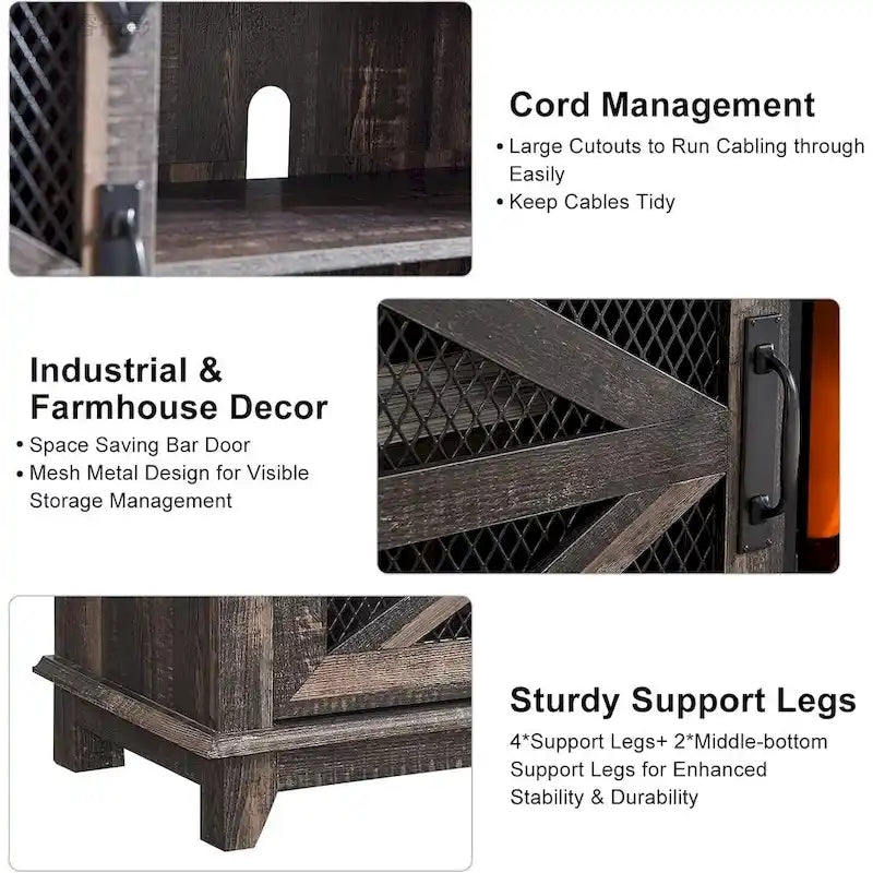 Meuble TV de ferme rustique avec cheminée électrique, porte coulissante de style grange, 4 couleurs, 1-2 personnes