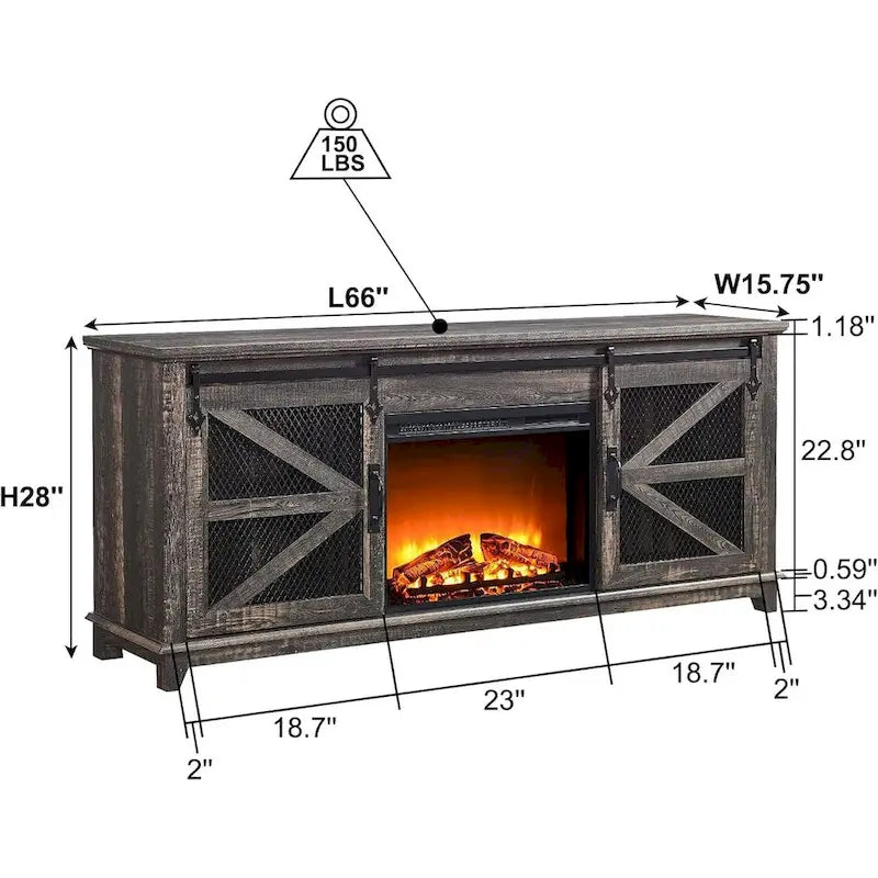Meuble TV de ferme rustique avec cheminée électrique, porte coulissante de style grange, 4 couleurs, 1-2 personnes