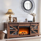 Meuble TV de ferme rustique avec cheminée électrique, porte coulissante de style grange, 4 couleurs, 1-2 personnes