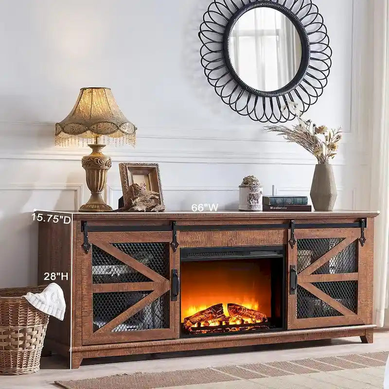 Meuble TV de ferme rustique avec cheminée électrique, porte coulissante de style grange, 4 couleurs, 1-2 personnes
