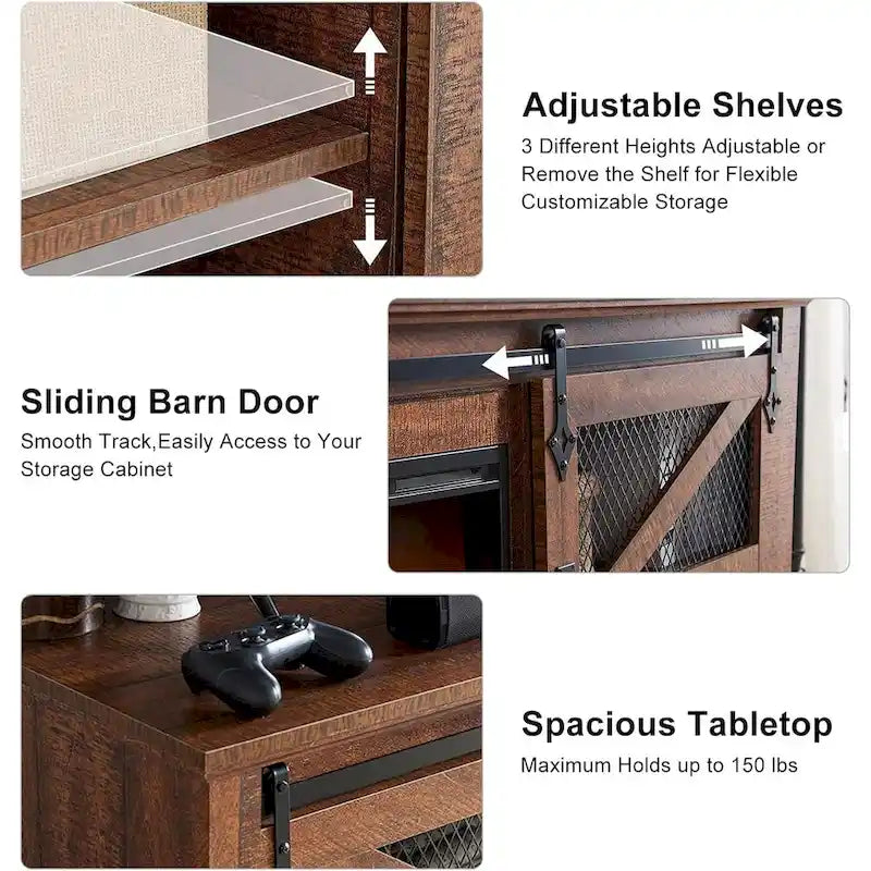 Meuble TV de ferme rustique avec cheminée électrique, porte coulissante de style grange, 4 couleurs, 1-2 personnes