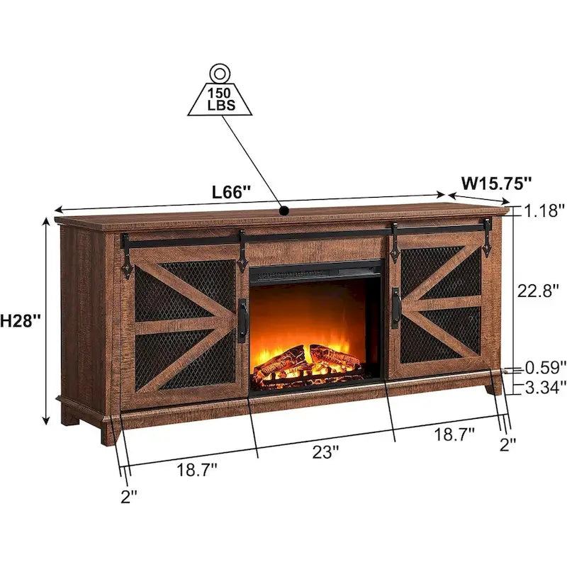 Meuble TV de ferme rustique avec cheminée électrique, porte coulissante de style grange, 4 couleurs, 1-2 personnes