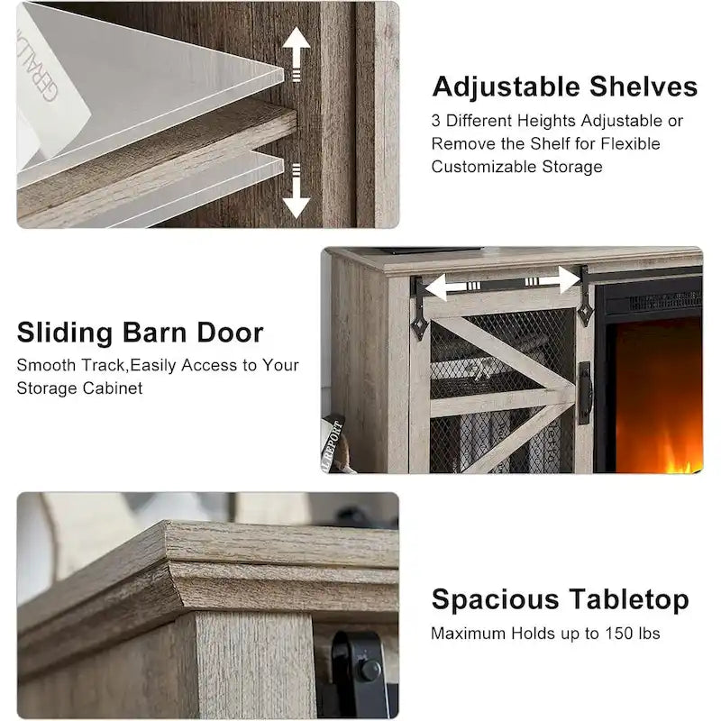 Meuble TV de ferme rustique avec cheminée électrique, porte coulissante de style grange, 4 couleurs, 1-2 personnes