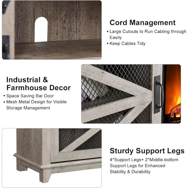 Meuble TV de ferme rustique avec cheminée électrique, porte coulissante de style grange, 4 couleurs, 1-2 personnes
