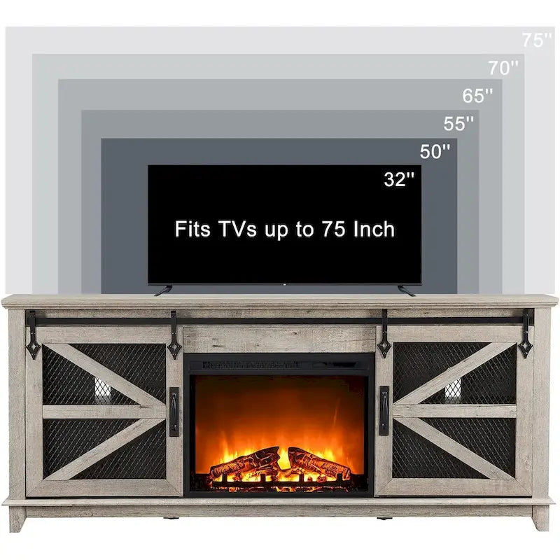 Meuble TV de ferme rustique avec cheminée électrique, porte coulissante de style grange, 4 couleurs, 1-2 personnes