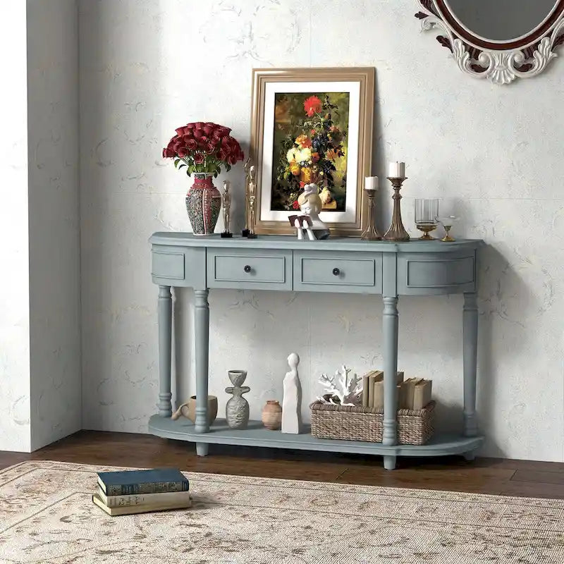 Console Rétro Bleue avec 2 Tiroirs et Étagère Ouverte, Assemblage par 1 Personne